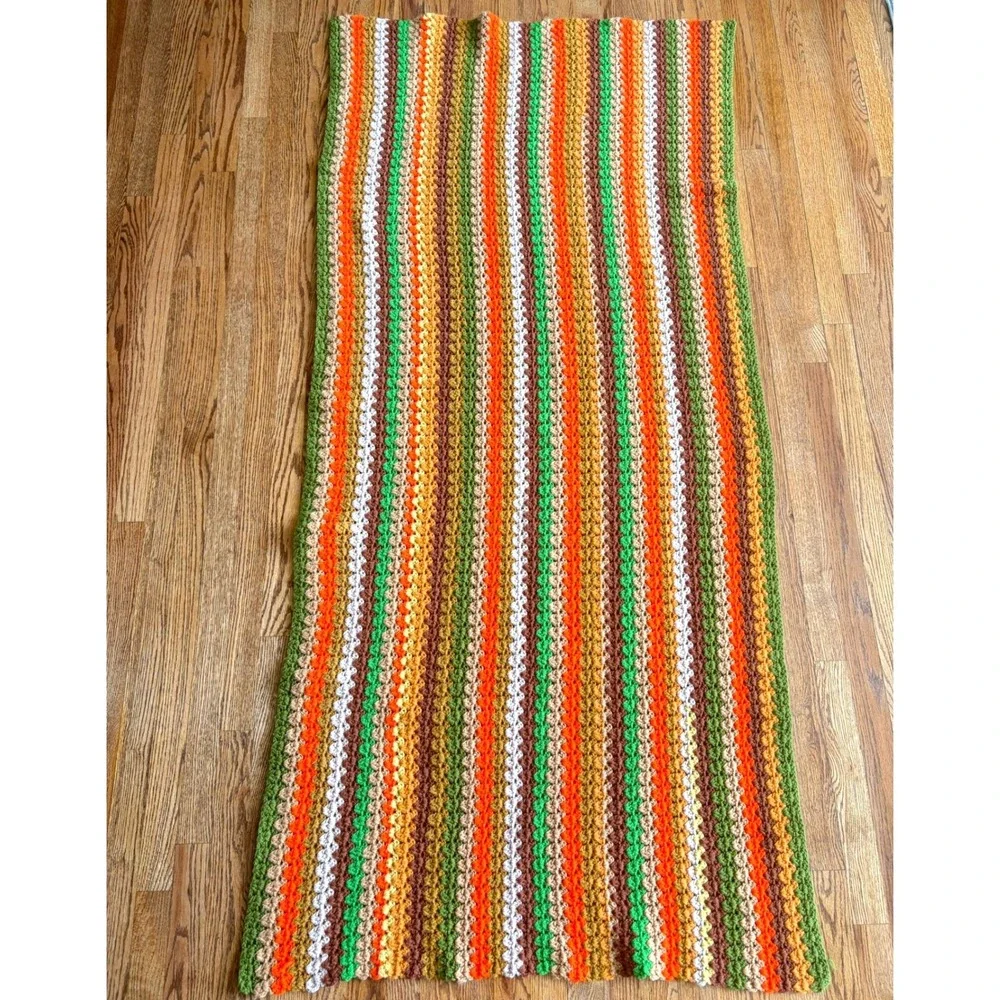Vintage Handmade Crochet Afghan Blanket 70s Earthy Green Orange Brown 33x77